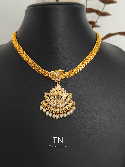 Micro gold plated Traditional Necklace/Attiyal (Full white stones)