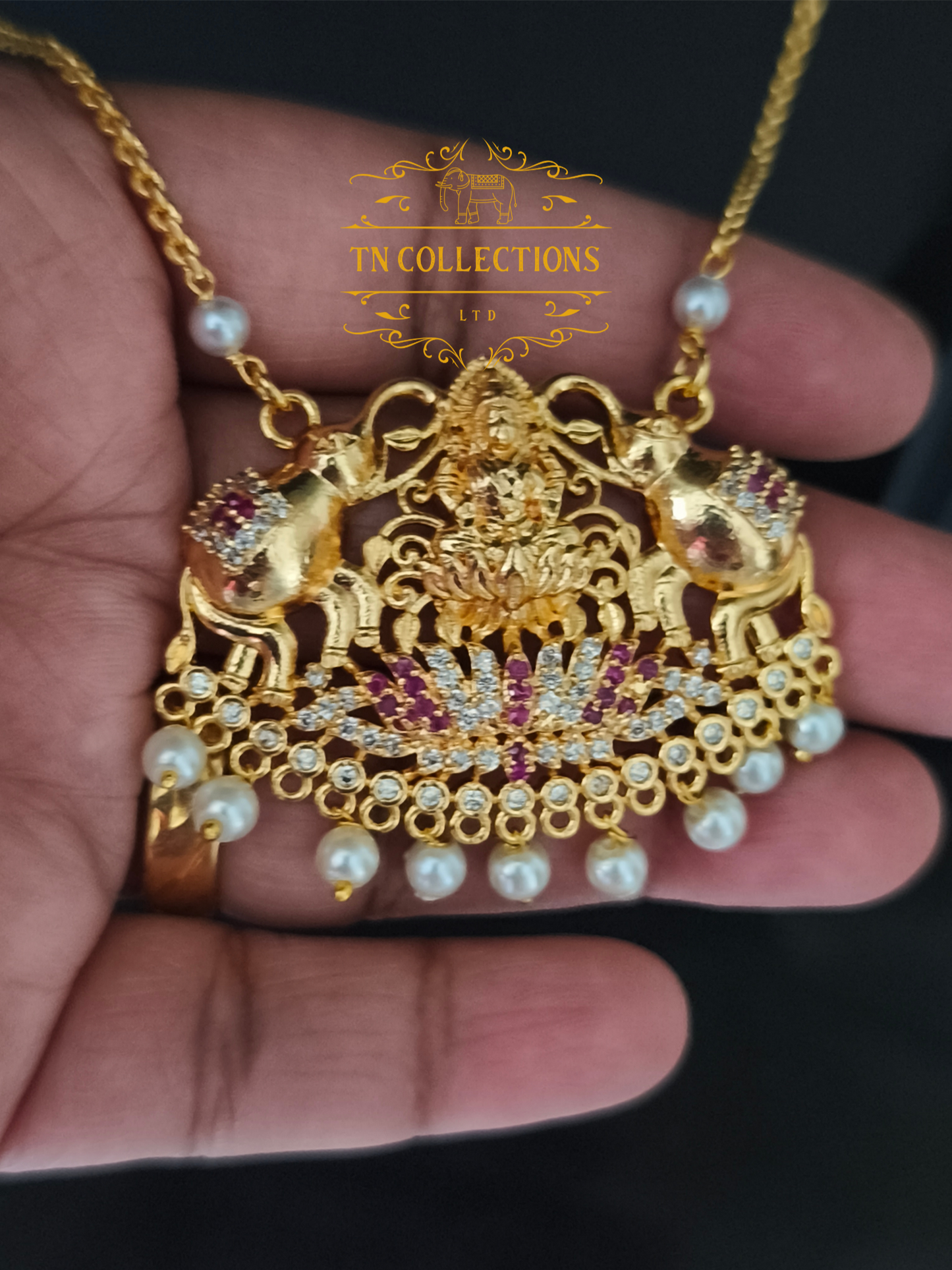 Micro Gold-Plated Lakshmi Pathakkam with single layer pearl chain (Ruby & White stones)