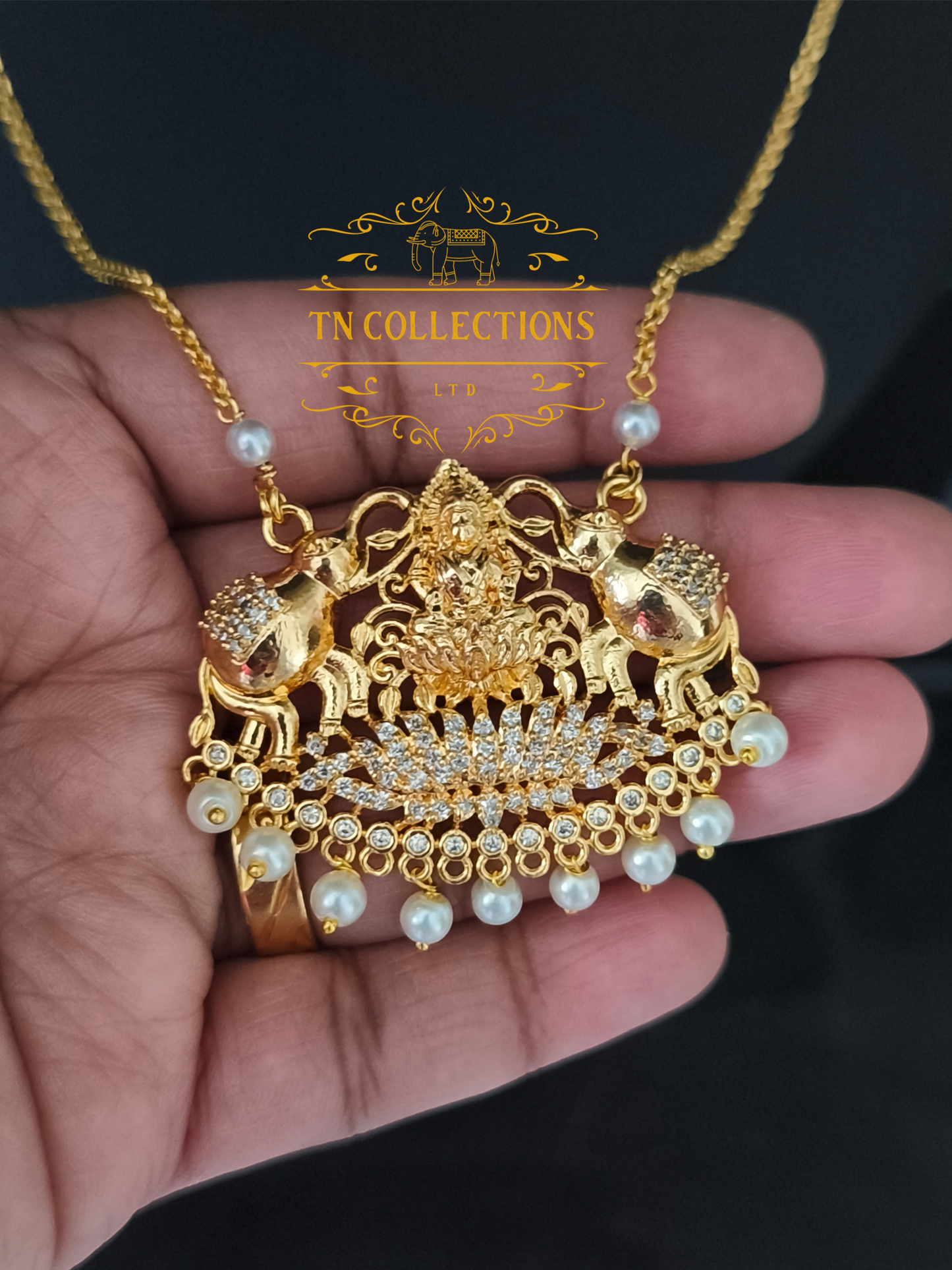 Micro Gold-Plated Lakshmi Pathakkam with single layer pearl chain (Full white stones)