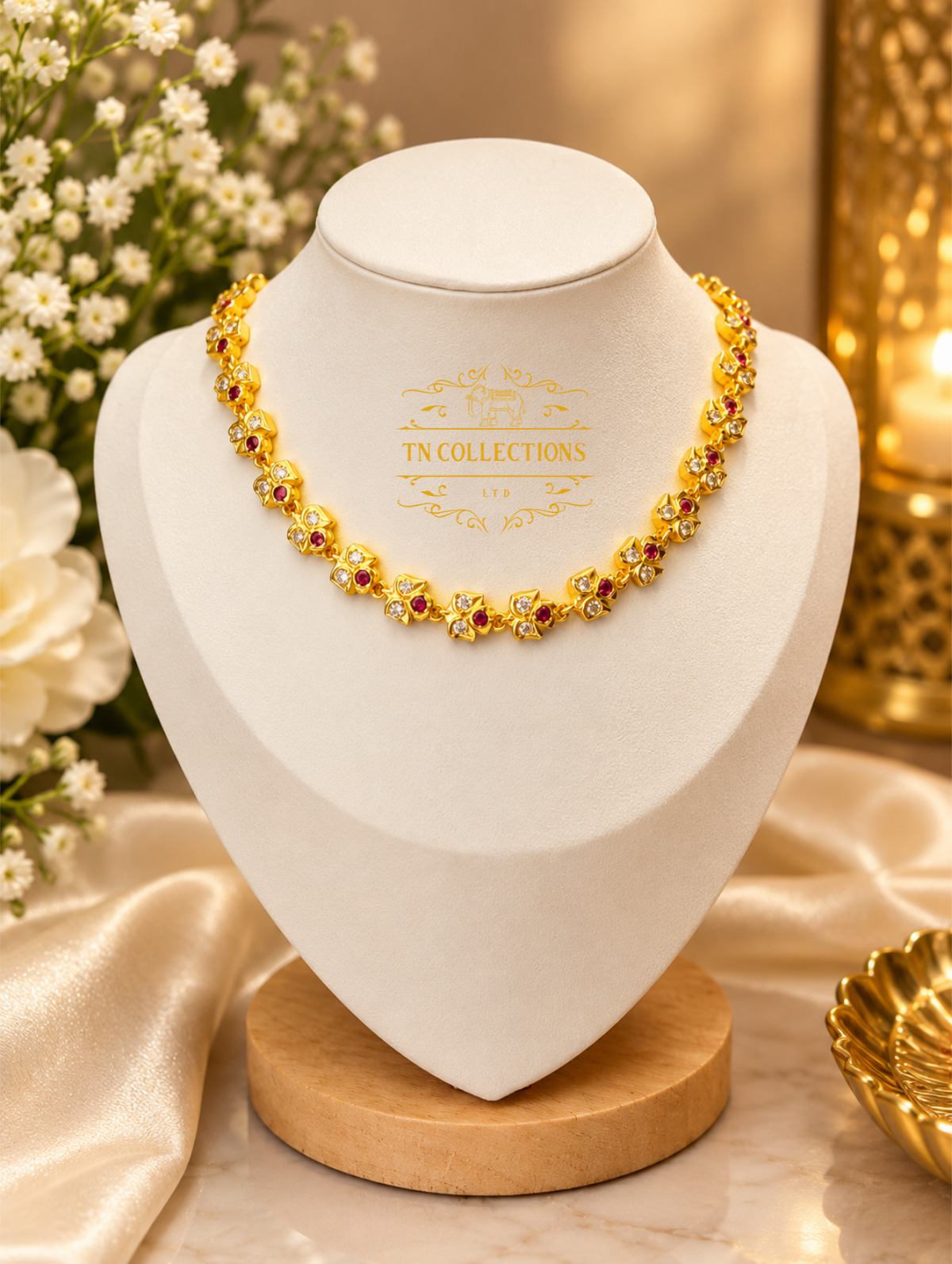 Traditional Design Choker (Ruby & White Stones)