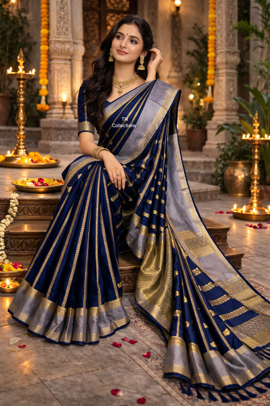 Semi Soft Silk Saree (Navy Blue)