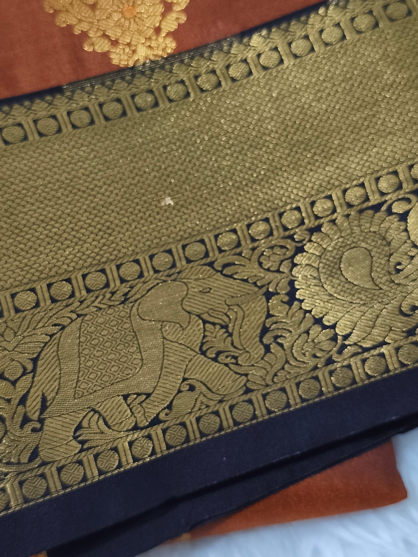 Trendy Vintage Rusty Orange with Dark Brown Kanchi Semi silk saree