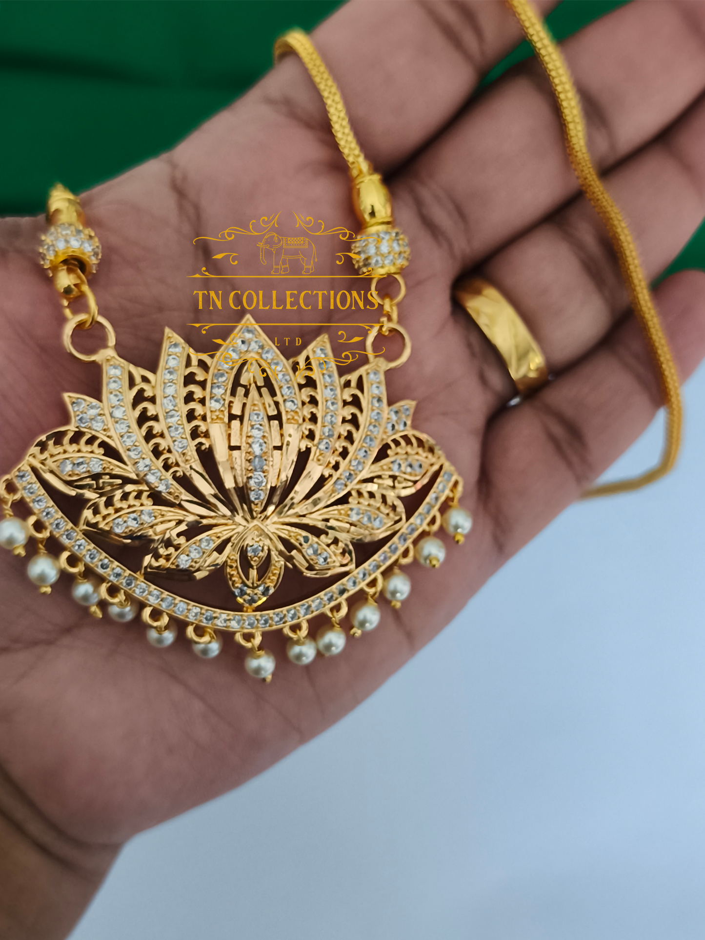 Micro Gold-Plated Lotus Pathakkam with Chain (Full white stones)