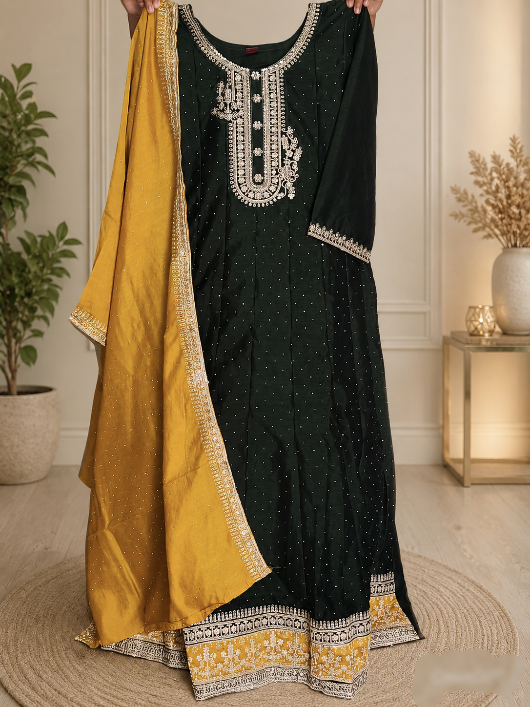Grand Partywear 3pcs Anarkali Suit ( Dark Green)- Size L