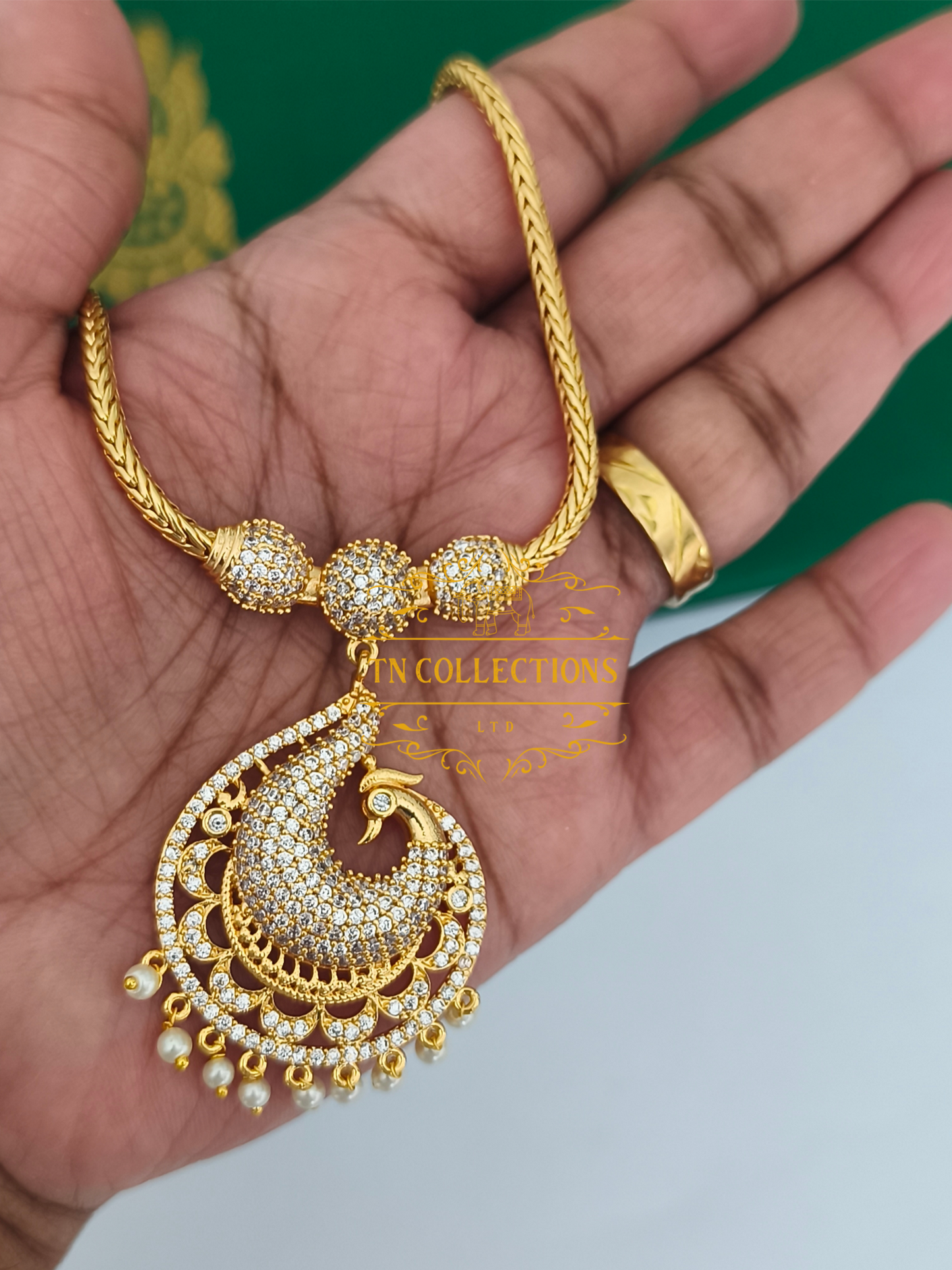 Micro Gold-Plated Traditional Peacock Attiyal (Full white stones)