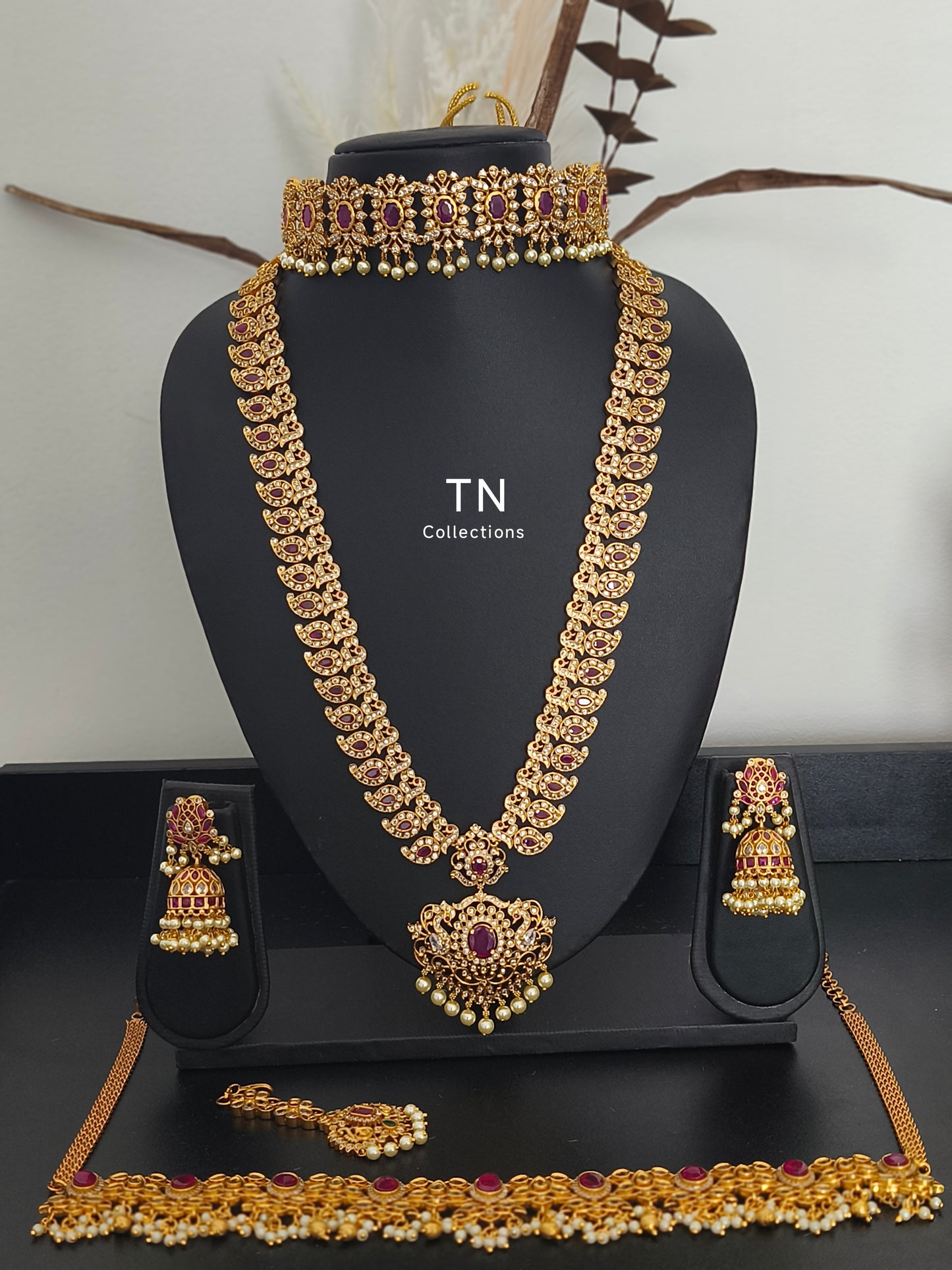 Matte gold Ruby & white Stone Semi Bridal Set/ wedding jewellery Set