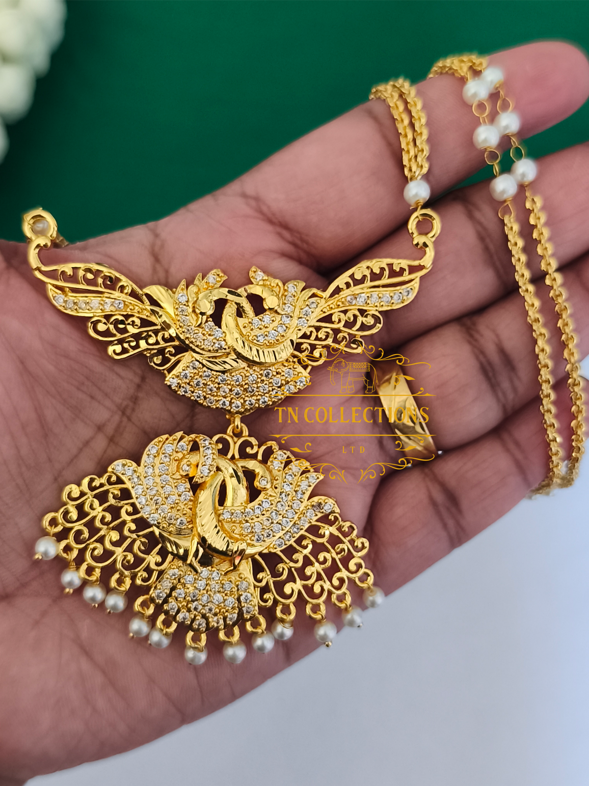 Micro Gold-Plated Traditional Pathakkam with Pearl Chain (Full white stones)