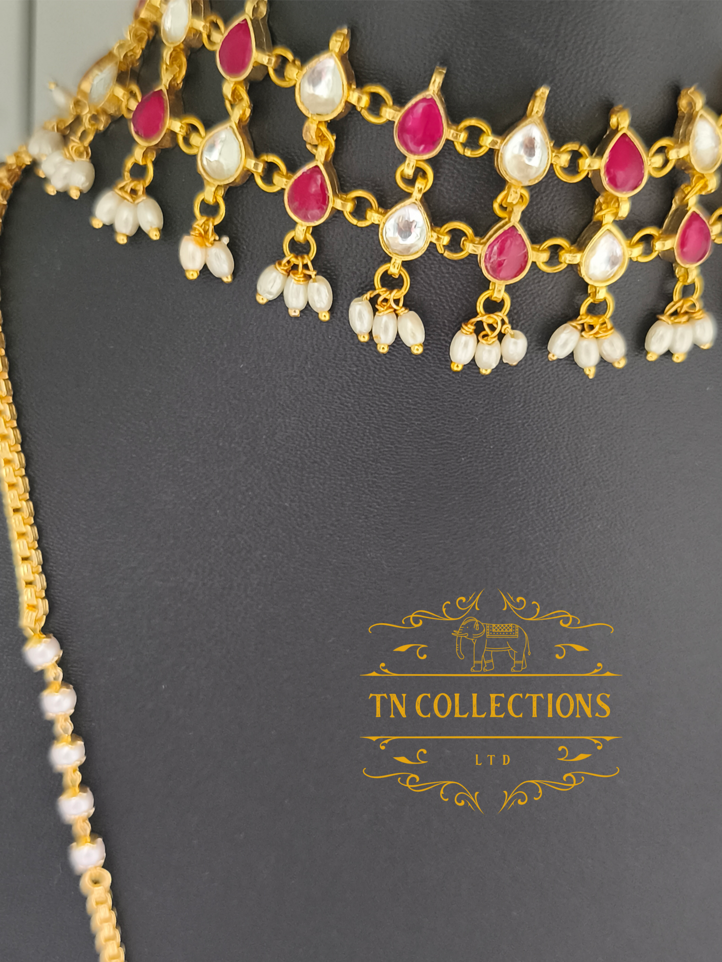 Trendy Jadu stone Necklace with Traditional Pathakkam Semi Bridal Set (Ruby & White)