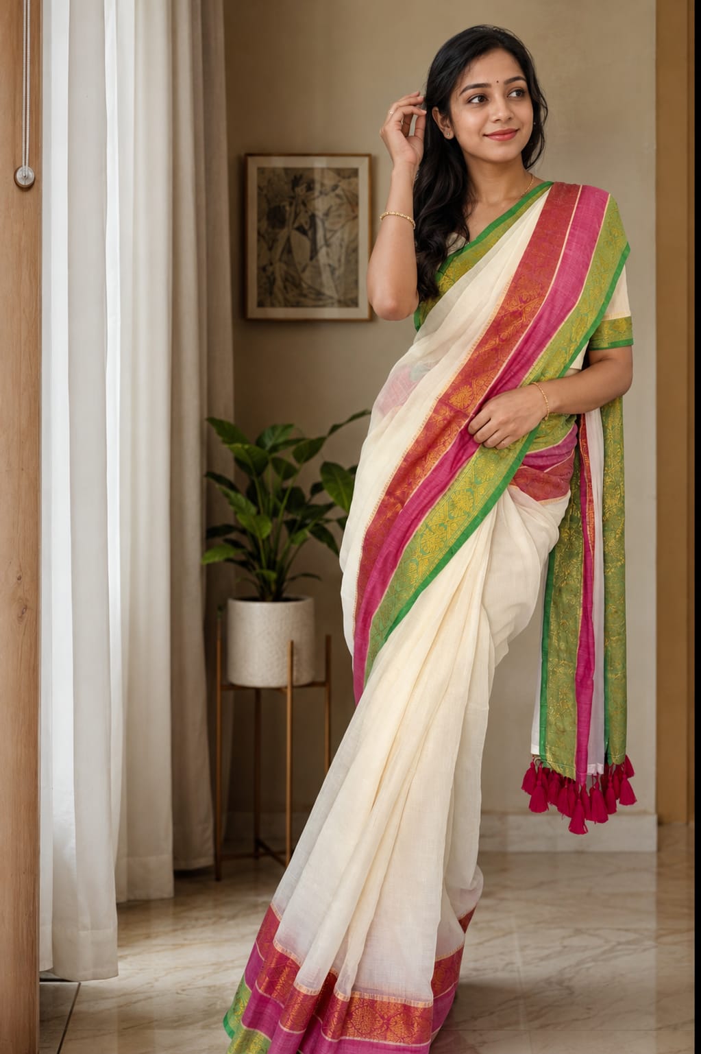 Trendy Mulmul cotton saree with Kanchi Border (White)