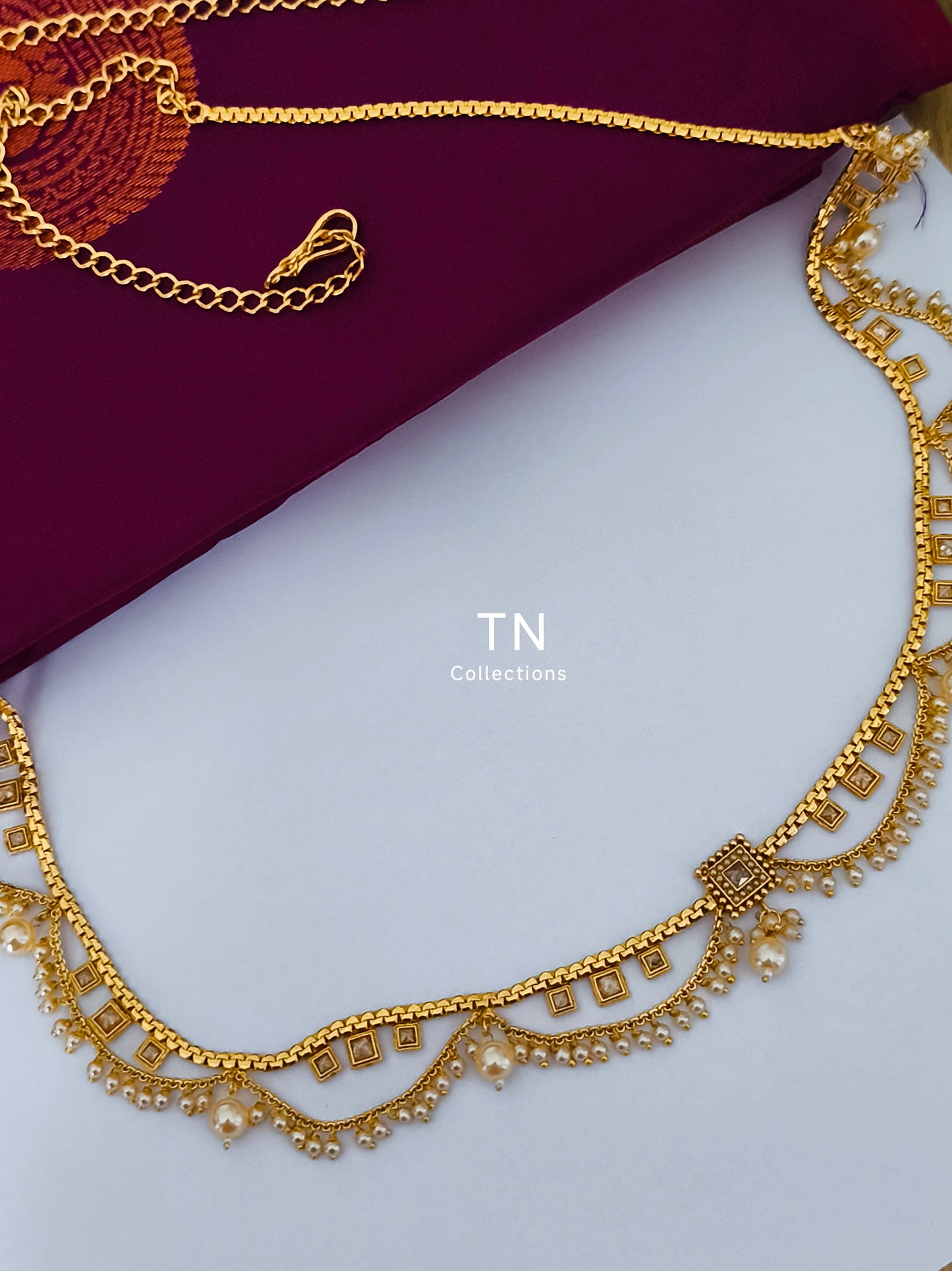 Antique Polish Hip Chain (Full white stones & pearls)