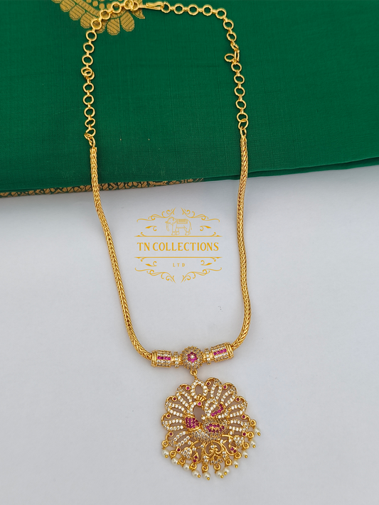 Micro Gold-Plated Peacock Attiyal (Ruby & White stones)
