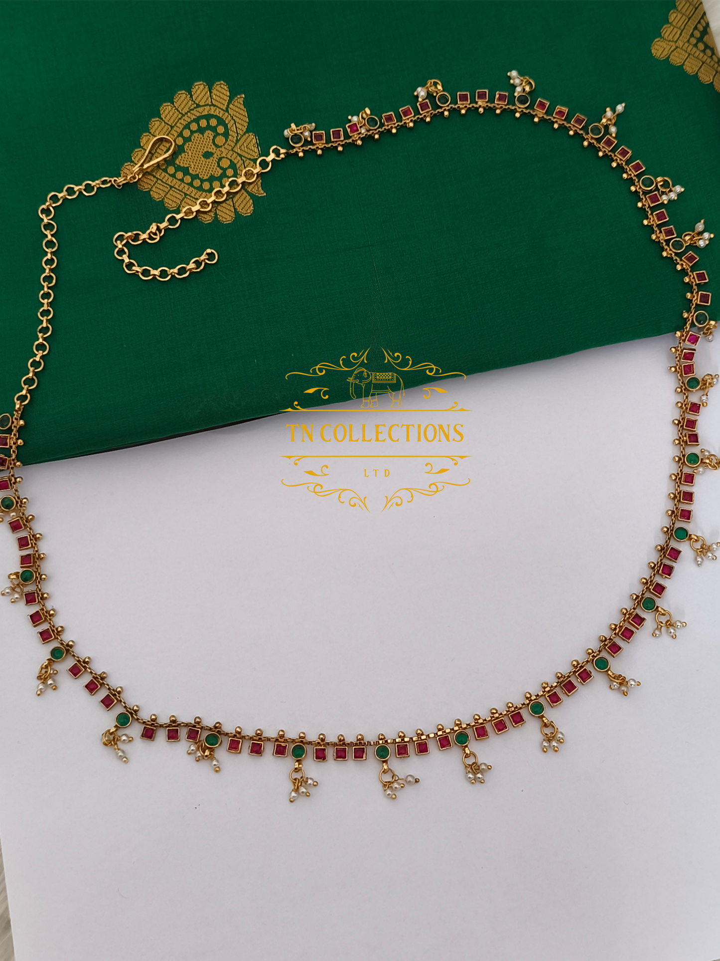 Kemp Stone Brass metal Hip Chain( Ruby & Green Stones)