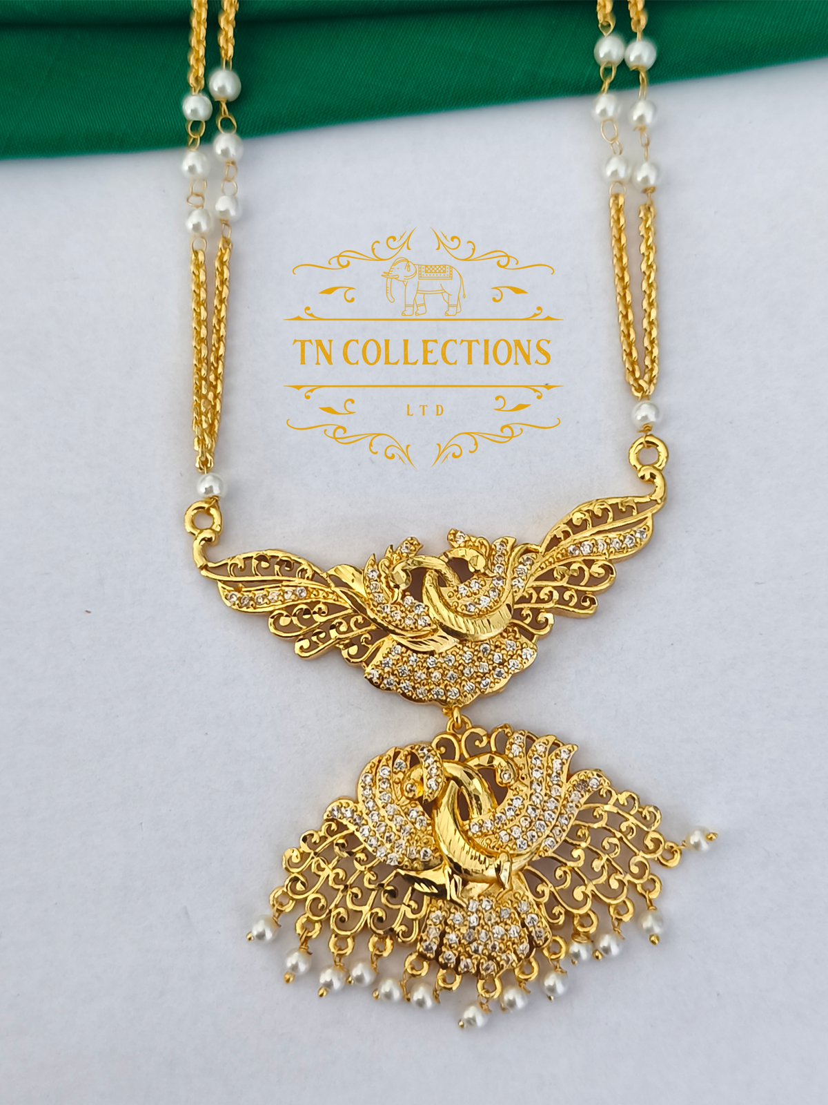 Micro Gold-Plated Traditional Pathakkam with Pearl Chain (Full white stones)