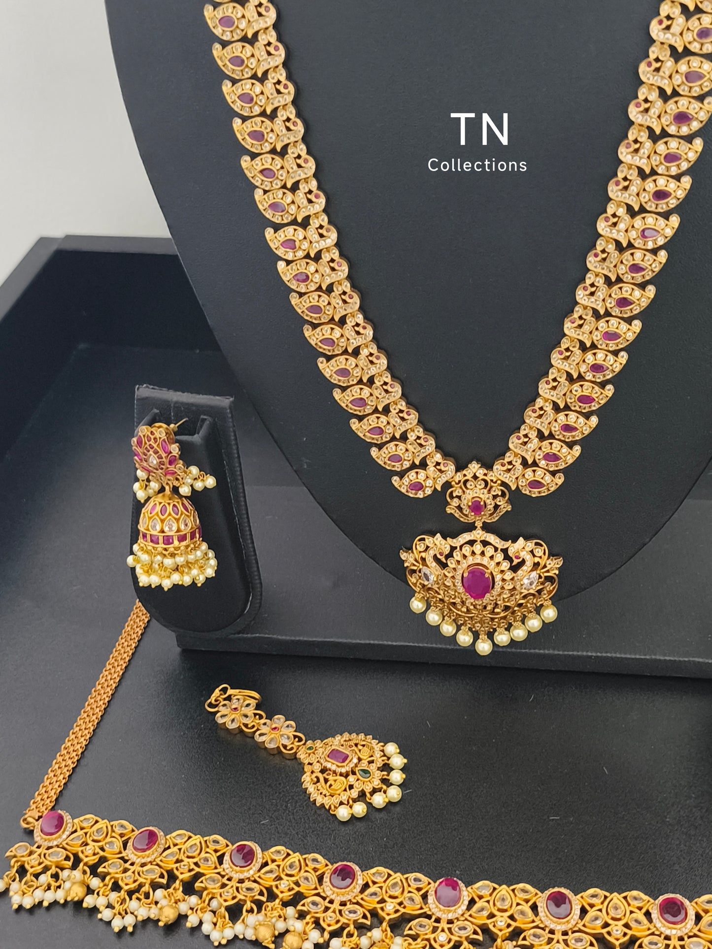 Matte gold Ruby & white Stone Semi Bridal Set/ wedding jewellery Set