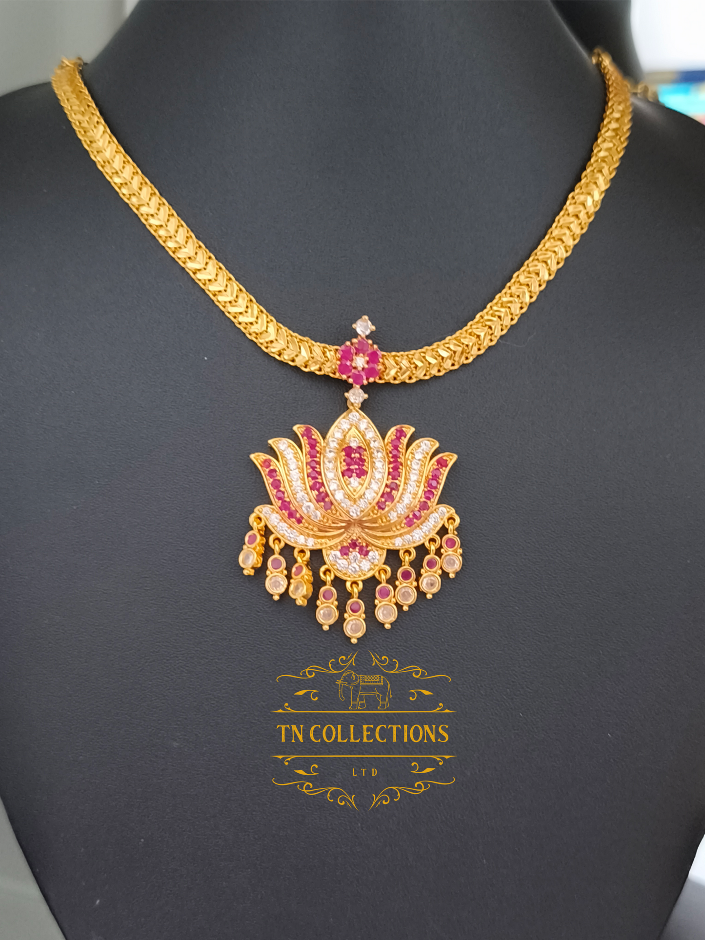 Micro Gold plated Lotus Necklace (Ruby & White stones)