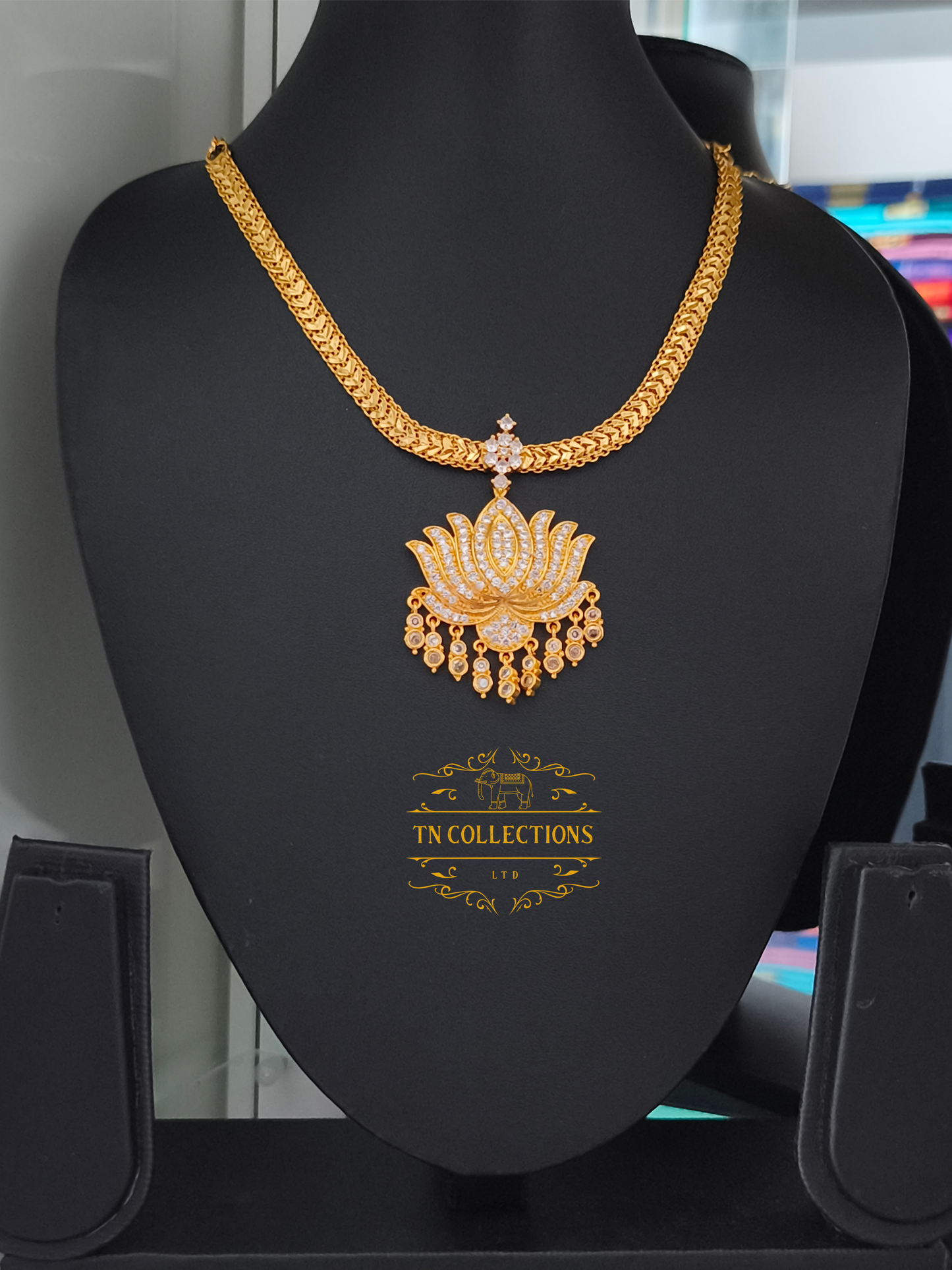 Micro Gold plated Lotus Necklace (Full White stones)