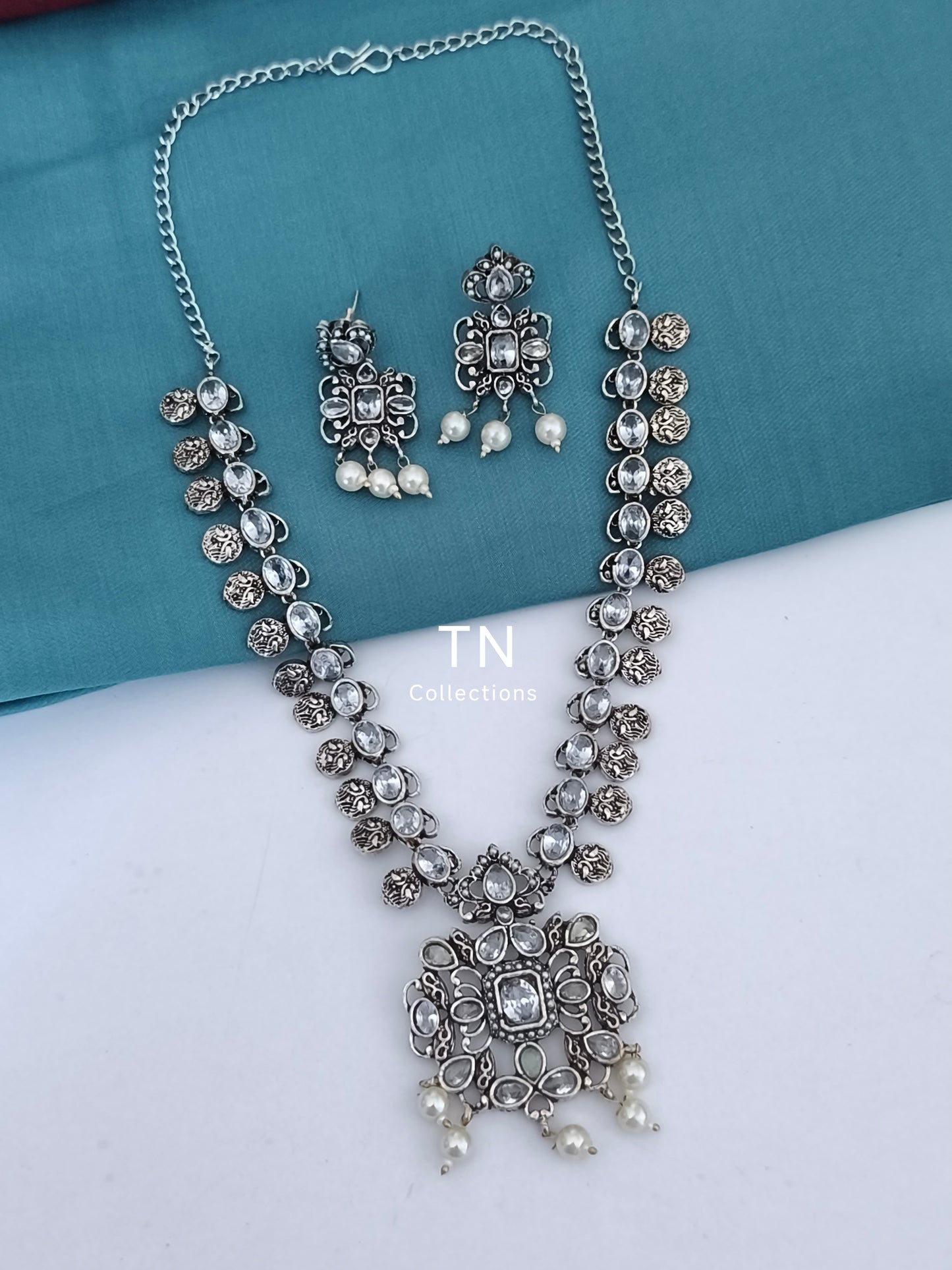Oxidised Necklace Set- White stone