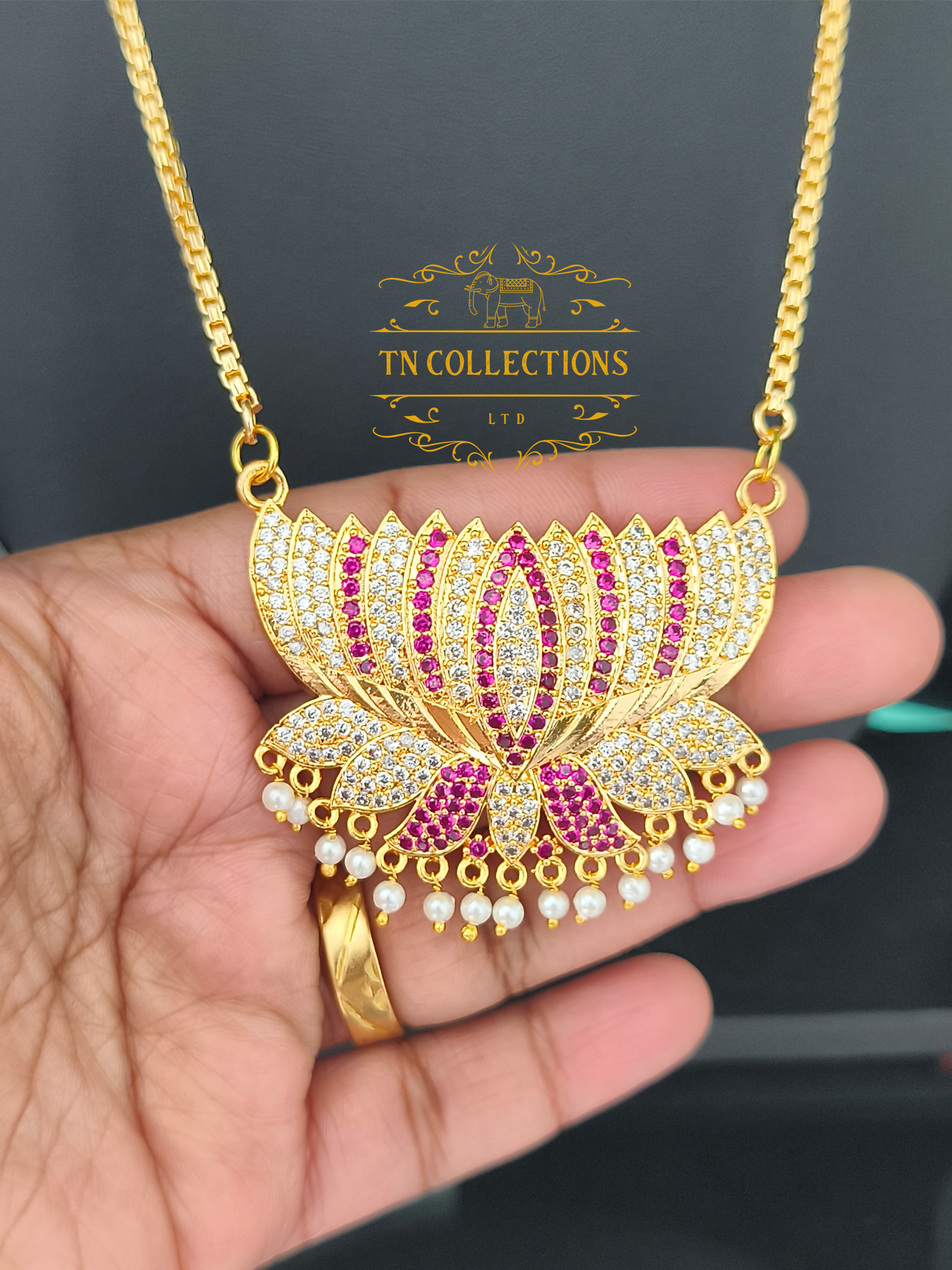 Micro Gold-Plated Traditional lotus pathakkam with pearl chain