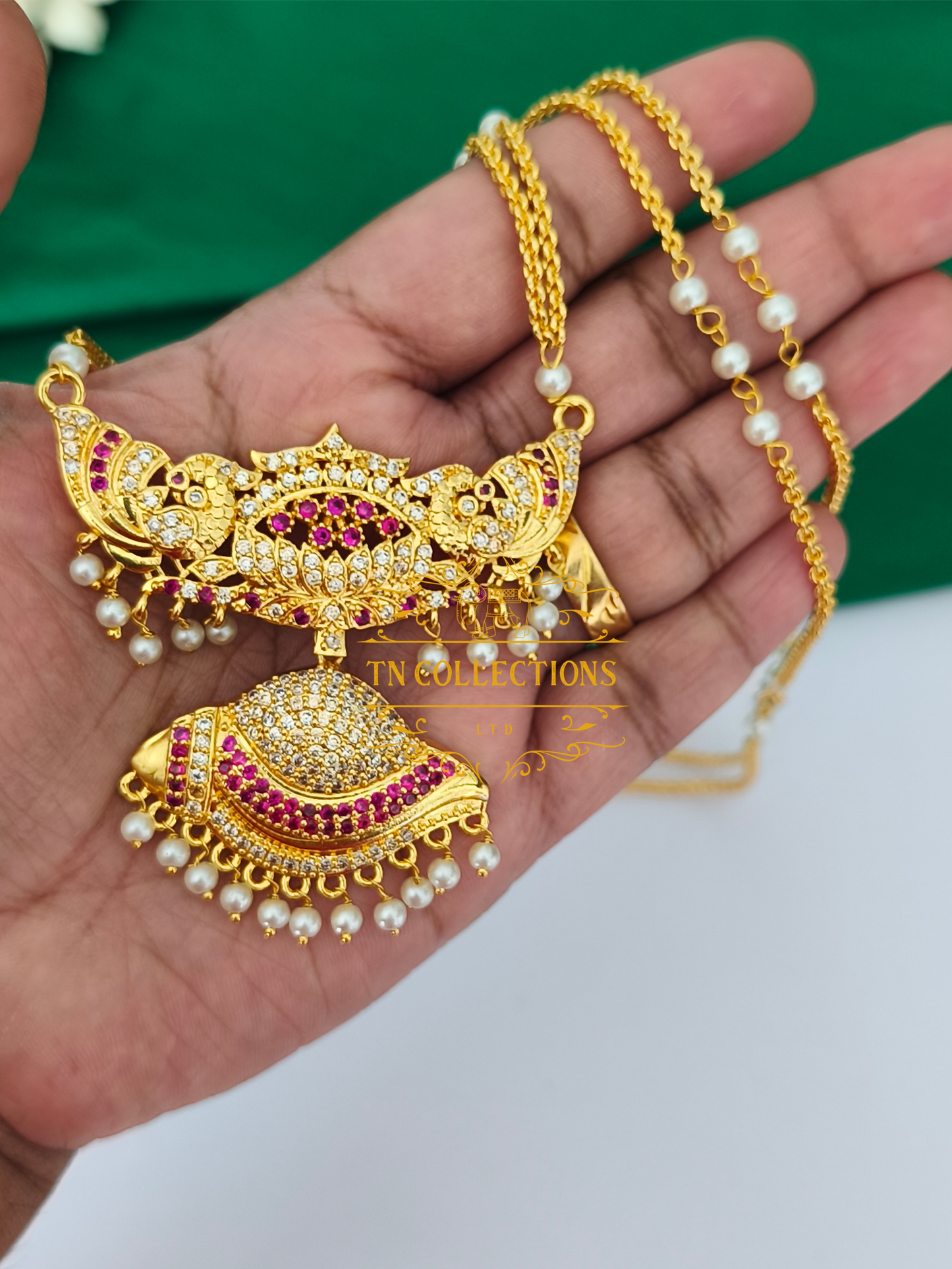 Micro Gold Finish Traditional Pathakkam with Pearl chain (Ruby & White stones)