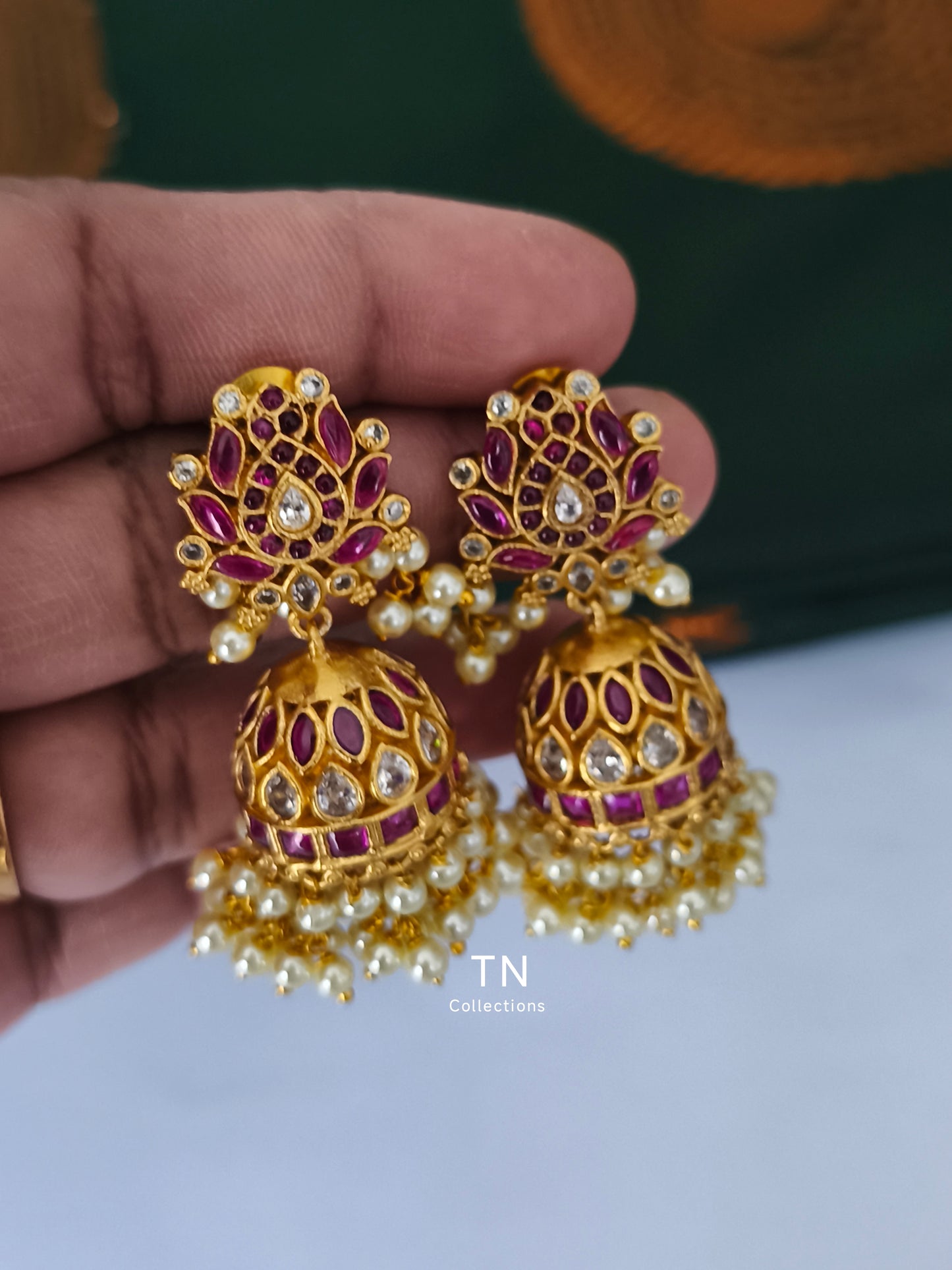 Guttapusalu Lotus Earrings (Ruby and white)