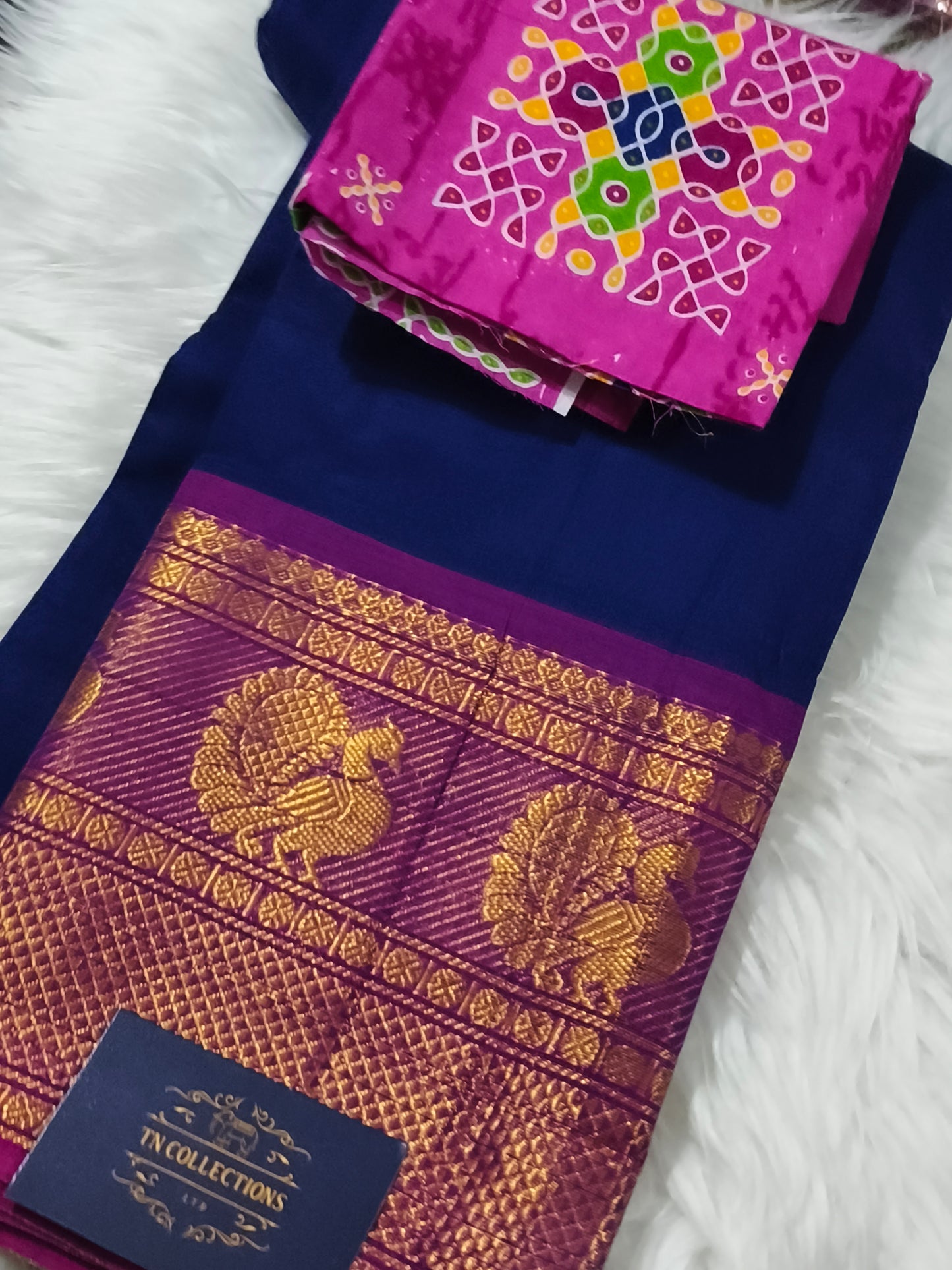 Blue Pure Chettinad cotton saree with Kalamkarai blouse