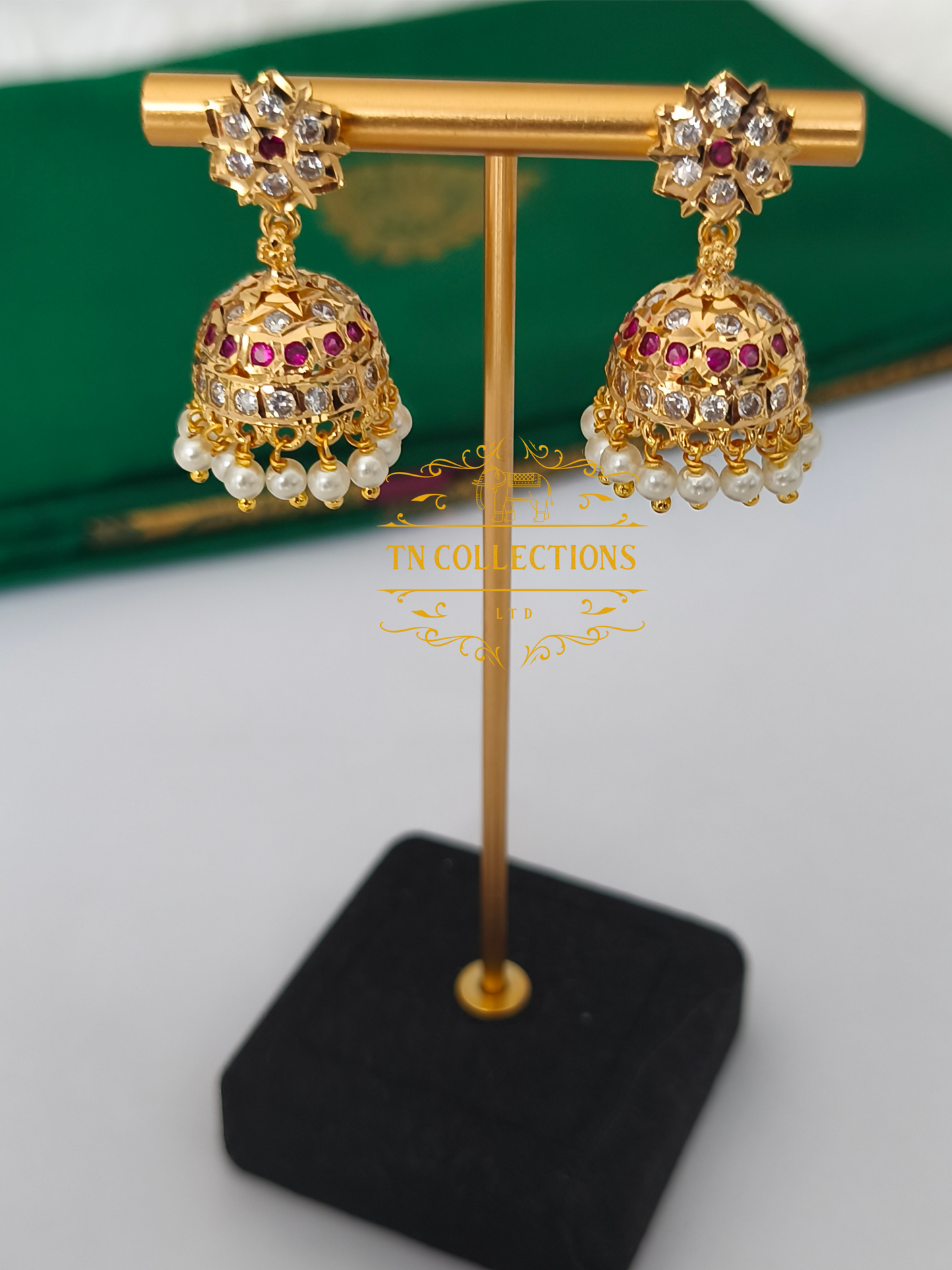 Impon Micro gold plated Earrings/Jhumka (Ruby &White stones)