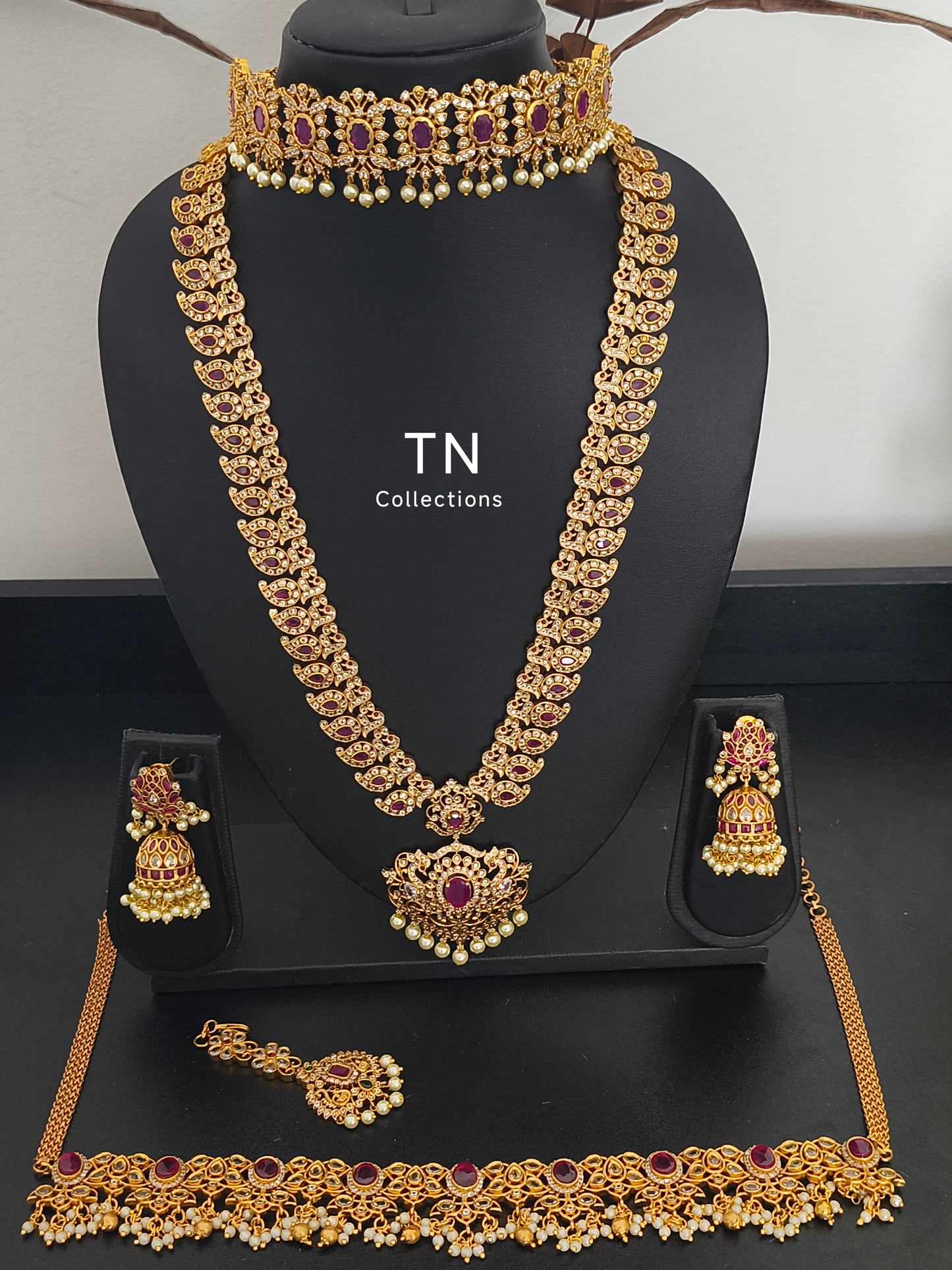 Matte gold Ruby & white Stone Semi Bridal Set/ wedding jewellery Set