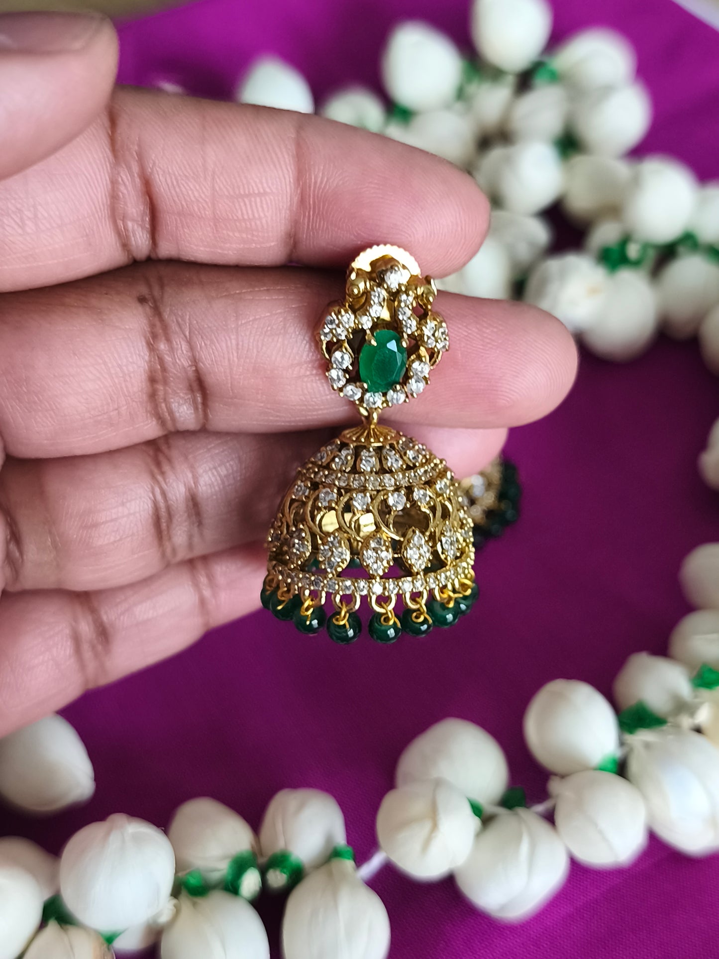 AD Antique Matte Finish Green Jhumka Earrings