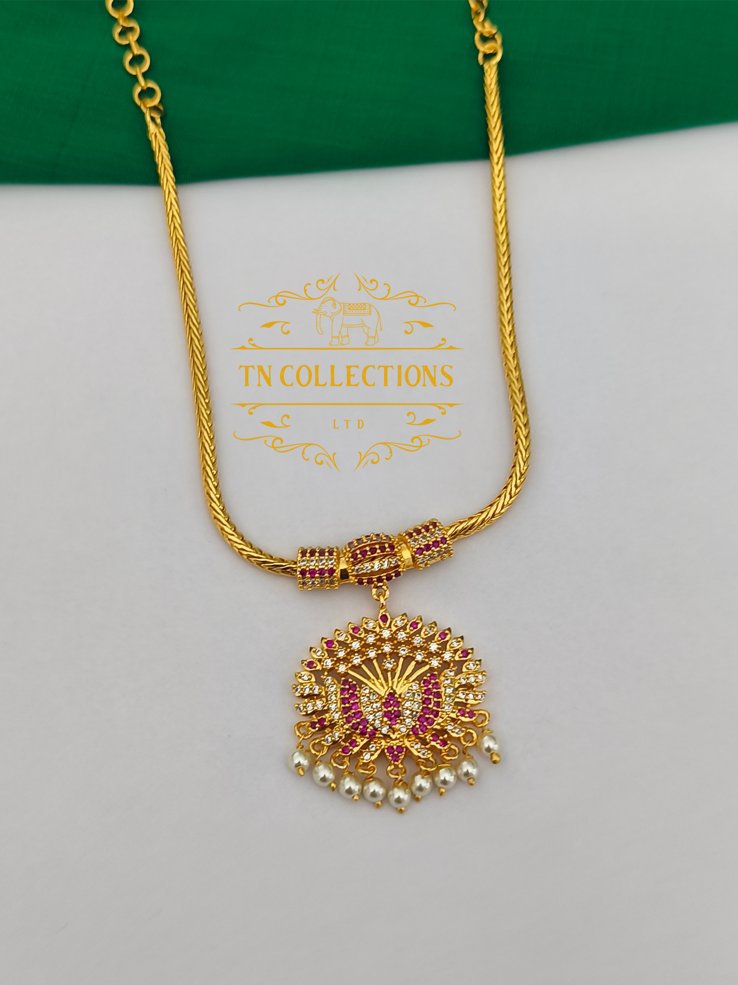 Micro Gold-Plated Traditional Necklace (Ruby & White stones)