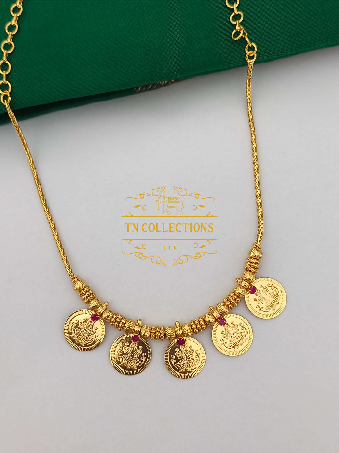Micro Gold Finish Coin Necklace (Ruby stone)