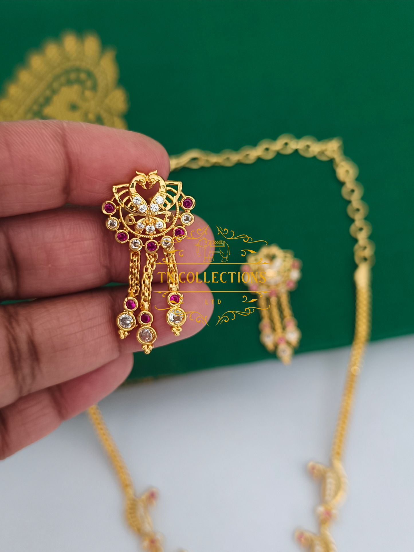 Micro Gold-Plated Traditional Peacock Design Necklace Set (Ruby & White stones)