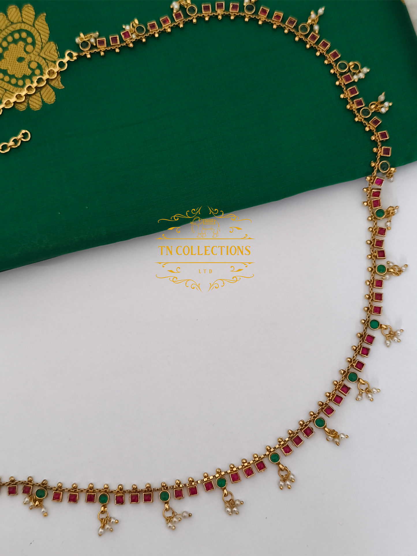 Kemp Stone Brass metal Hip Chain( Ruby & Green Stones)