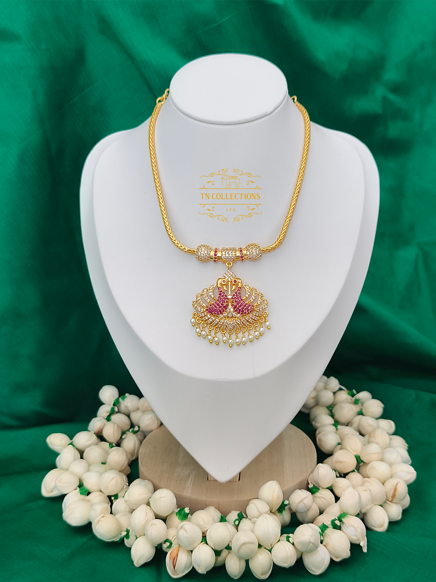 Micro Gold-Plated Peacock Attiyal (Ruby and white stones)