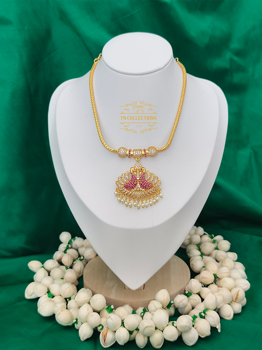 Micro Gold-Plated Peacock Attiyal (Ruby and white stones)