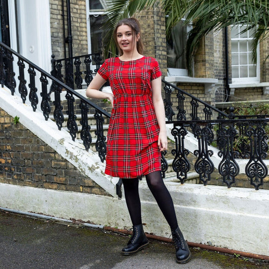 The Knee Length Breastfeeding Dress - Red Tartan Cotton