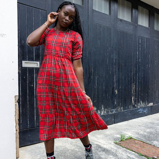 The Midi Breastfeeding Dress - Red Tartan Cotton Pre Order